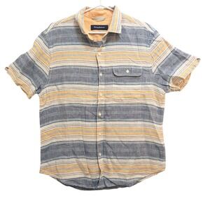 Tommy Bahama Men's M Blue Yellow 100% Linen Striped Short Sleeve Polo‎ Button